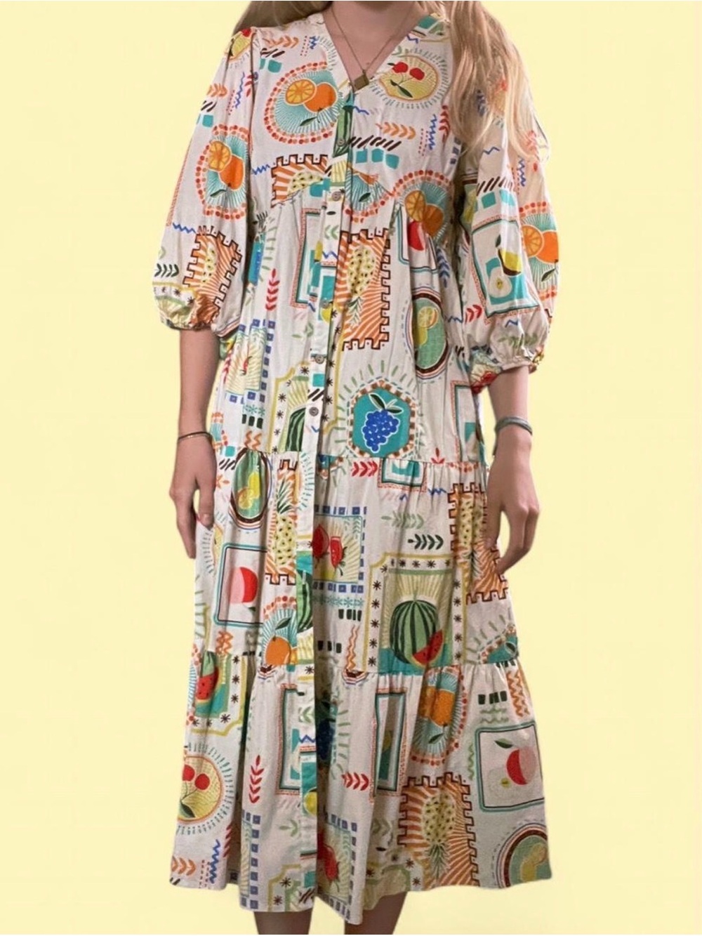 Cream Maxi Dress with Colorful Fruit Print